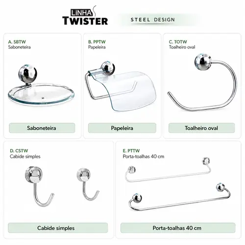 Kit de acessoórios para banheiro twister 5 peças em ABS - STEEL DESIGN